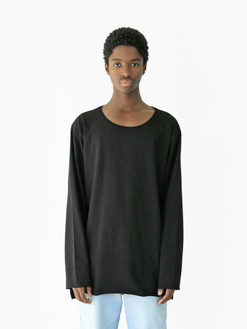 Front view of Basic Elongated Long-Sleeve Crewneck Tee in Matte Black on model