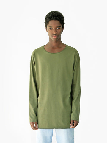 Front view of Basic Elongated Long-Sleeve Crewneck Tee in Olive on model