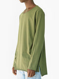 Close up side angle view of Basic Elongated Long-Sleeve Crewneck Tee in Olive on model