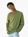 Candid shot of Basic Elongated Long-Sleeve Crewneck Tee in Olive on model