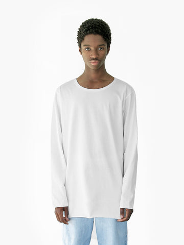 Front view of Basic Elongated Long-Sleeve Crewneck Tee in White on a model