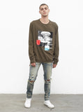 Destroy & Rebuild Printed Graphic Long Sleeve Crewneck Tee in Faded Olive-Brown