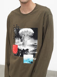 Destroy & Rebuild Printed Graphic Long Sleeve Crewneck Tee in Faded Olive-Brown