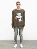 Destroy & Rebuild Printed Graphic Long Sleeve Crewneck Tee in Faded Olive-Brown