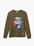 Destroy & Rebuild Printed Graphic Long Sleeve Crewneck Tee in Faded Olive-Brown