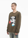 Destroy & Rebuild Printed Graphic Long Sleeve Crewneck Tee in Faded Olive-Brown