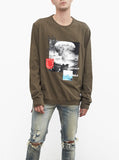 Destroy & Rebuild Printed Graphic Long Sleeve Crewneck Tee in Faded Olive-Brown