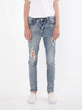 Medium Blue washed distressed paint splatter denim destroyed skinny fit jeans by profound aesthetic