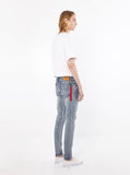 Medium Blue washed distressed paint splatter denim destroyed skinny fit jeans by profound aesthetic