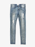 Medium Blue washed distressed paint splatter denim destroyed skinny fit jeans by profound aesthetic