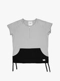 Flat front image of Cut-Off Color Blocked Kangaroo Sweatshirt Tee in Gray/Black on model