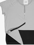 Detail shot of Cut-Off Color Blocked Kangaroo Sweatshirt Tee in Gray/Black showcasing the zip neckline detail, color-block, and short sleeves