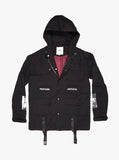 Flat front view of Cargo Belt Graphic Jacket in Black