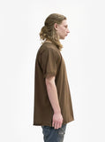 Right side view of Basic Straight-Bottom Short Sleeve Tee in Earth Brown on model