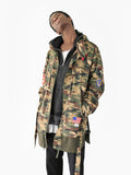 Candid shot of Battalion Woodland Double Layer Camo Patch Jacket on model