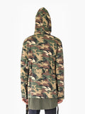 Hood up, back view of Battalion Woodland Double Layer Camo Patch Jacket on model