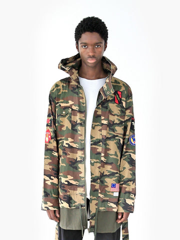 Front view of Battalion Woodland Double Layer Camo Patch Jacket on model