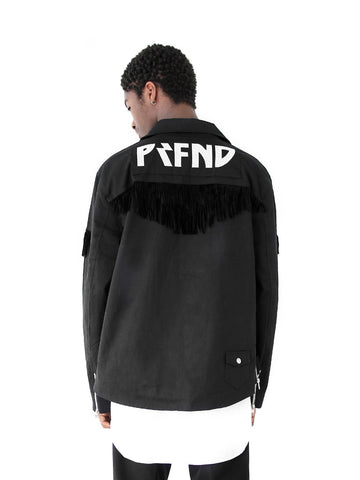 Back view of Fringe Biker Jacket in Black on model, featuring metallic logo embroidery