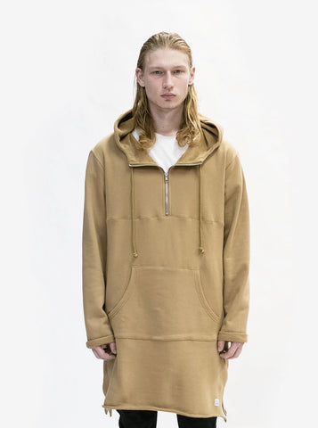 Front view of Elongated Hooded Pullover Trench in Khaki on model