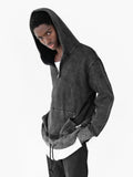 Candid shot of Pigment-Washed Full Neck Zip-Up Hoodie in Faded Black