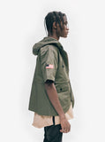 Right view of Short-Sleeve Asymmetrical Hooded Parka in Olive on model