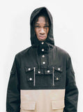 Hood up, close front details of Fishtail Two-Tone Cargo Pocket Pullover in Black/Khaki on model