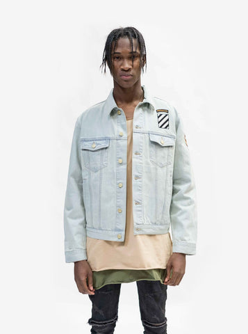 Front view of Sand-Blast Light-Wash Denim Jacket layered with tan and olive tees.