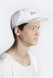 Side angle view of Profound NY Script Six Panel Hat in White on model