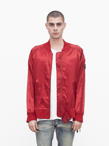 Babylonian Deluxe Satin Bomber Jacket in Cardinal Red