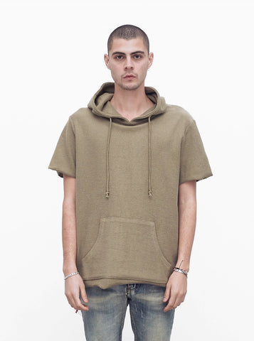 Reversed French Terry Pullover Raw-Cut Hoodie in Light Olive