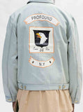 Back view of Sand-Blast Light-Wash Denim Jacket. Eagle crest and logo banner screen print.