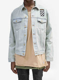 Close up view of Sand-Blast Light-Wash Denim Jacket layered with tan and olive tees.