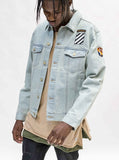 Candid shot of Sand-Blast Light-Wash Denim Jacket on a model