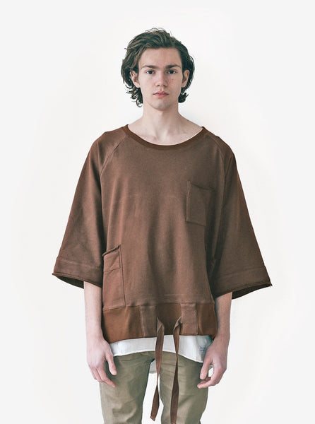 Front image of Shubitai Safari Pullover Crewneck in Brown on model