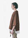 Left view of Shubitai Safari Pullover Crewneck in Brown on model