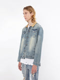 Vintage wash blue denim jacket with back cotton panel patch of birds and floral called song of birds by profound aesthetic