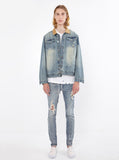Vintage wash blue denim jacket with back cotton panel patch of birds and floral called song of birds by profound aesthetic
