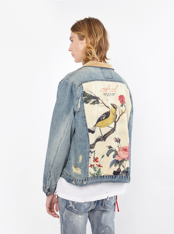 Vintage wash blue denim jacket with back cotton panel patch of birds and floral called song of birds by profound aesthetic