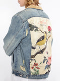 Vintage wash blue denim jacket with back cotton panel patch of birds and floral called song of birds by profound aesthetic