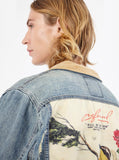 Vintage wash blue denim jacket with back cotton panel patch of birds and floral called song of birds by profound aesthetic