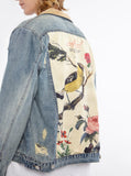 Vintage wash blue denim jacket with back cotton panel patch of birds and floral called song of birds by profound aesthetic