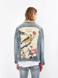 Vintage wash blue denim jacket with back cotton panel patch of birds and floral called song of birds by profound aesthetic