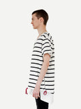 Left side of Neutral Stripe Half Sleeve Pullover Shirt in Black/Off-White on model