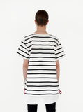 Back view of Neutral Stripe Half Sleeve Pullover Shirt in Black/Off-White on model