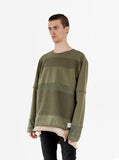 Side angle view of Half Reversed Terry Panel Pullover in Olive on model