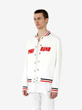 Side angle view of NY SoHo Baseball Jacket in Off-White on model