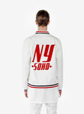 Back view of NY SoHo Baseball Jacket in Off-White on model