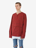 Side angle view of Plaid Baseball Shirt in Red/Navy on model