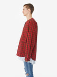 Left side view of Plaid Baseball Shirt in Red/Navy on model