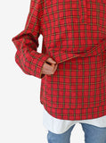 Close up detail shot of Plaid Baseball Shirt in Red/Navy on model